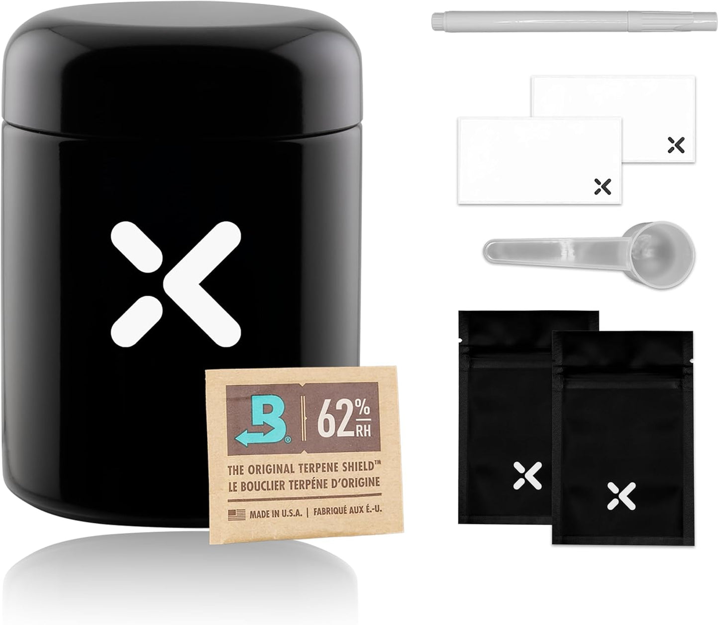 250ml Airtight Container | Ultraviolet Glass Screw Top Jar | Airtight Storage Container| Includes 2 Way 62% Boveda Pack and Accessories | Fortify Goods Freshness for Months