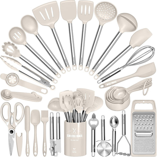 Kitchen Utensils Set-Umite Chef 34 Pcs Silicone Cooking Utensils Set for Nonstick Cookware-Silicone Spatulas Set, Stainless Steel Handle-Khaki Kitchen Gadgets Tools, Pots and Pans Accessories