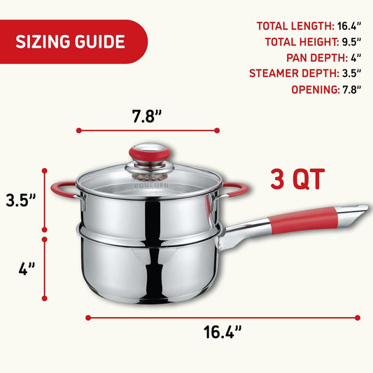 Concord Stainless Steel SIMPLE POUR Saucepan with Steamer Tier. Vented Glass Lid. Features Dual Pouring Spouts and Volume Marking on pot. Perfect for making Sauces, Jam, Ramen, and more (3 Quart)