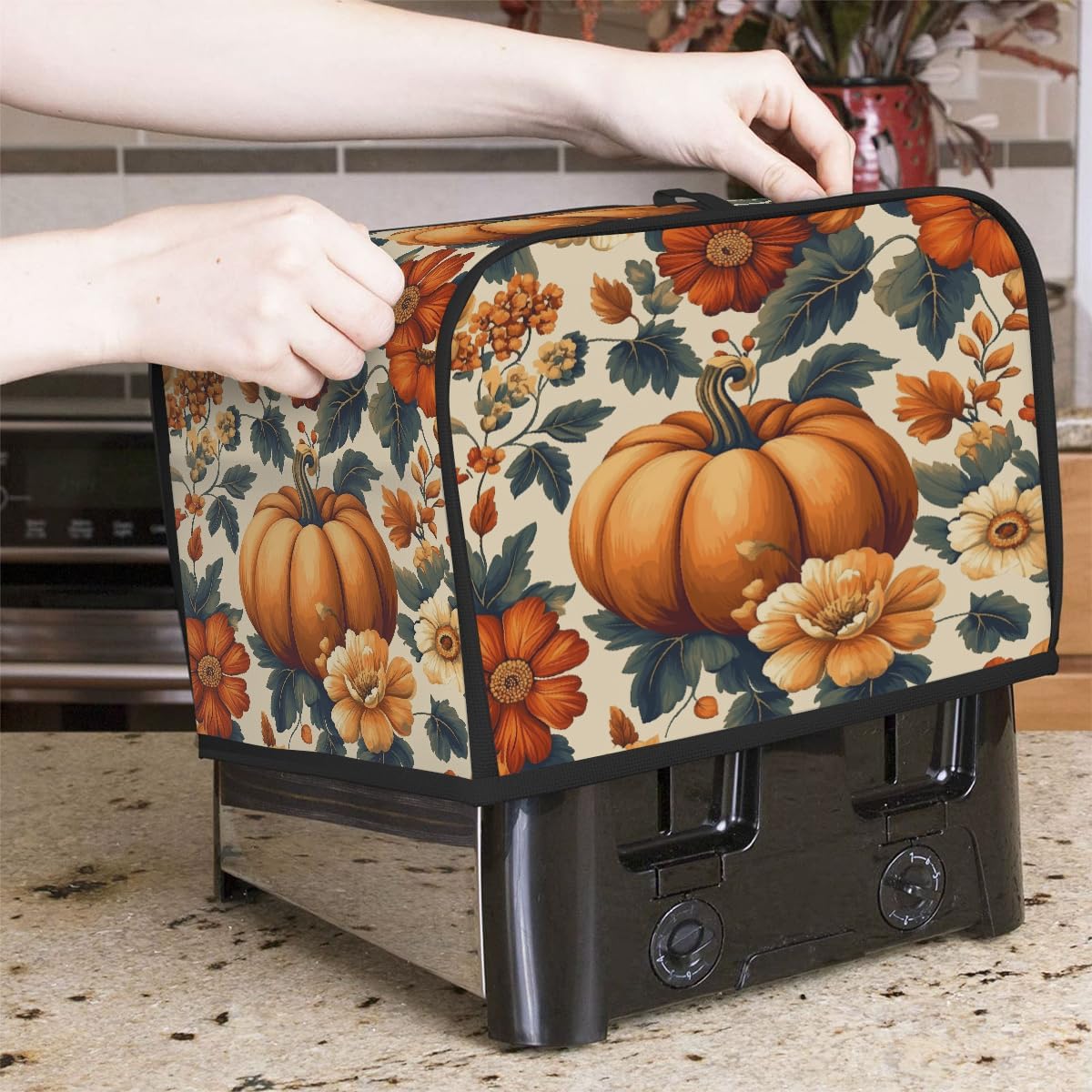 2 Slice Autumn Toaster Cover,Thanksgiving Pumpkin Fall Boho Floral Small Kitchen Appliance Bread Machine Cover with Pockets,Dust & Fingerprint Protection