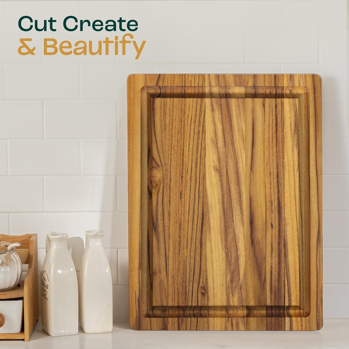 Yes4All Durable Teak Cutting Boards for Kitchen,[16.5''L x 13''W x 1.5”Thick] Medium Edge Grain Cutting Board, Pre Oiled Wood Cutting Boards, Thick Chopping Board w/Juice Grooves and Easy Grip Handle