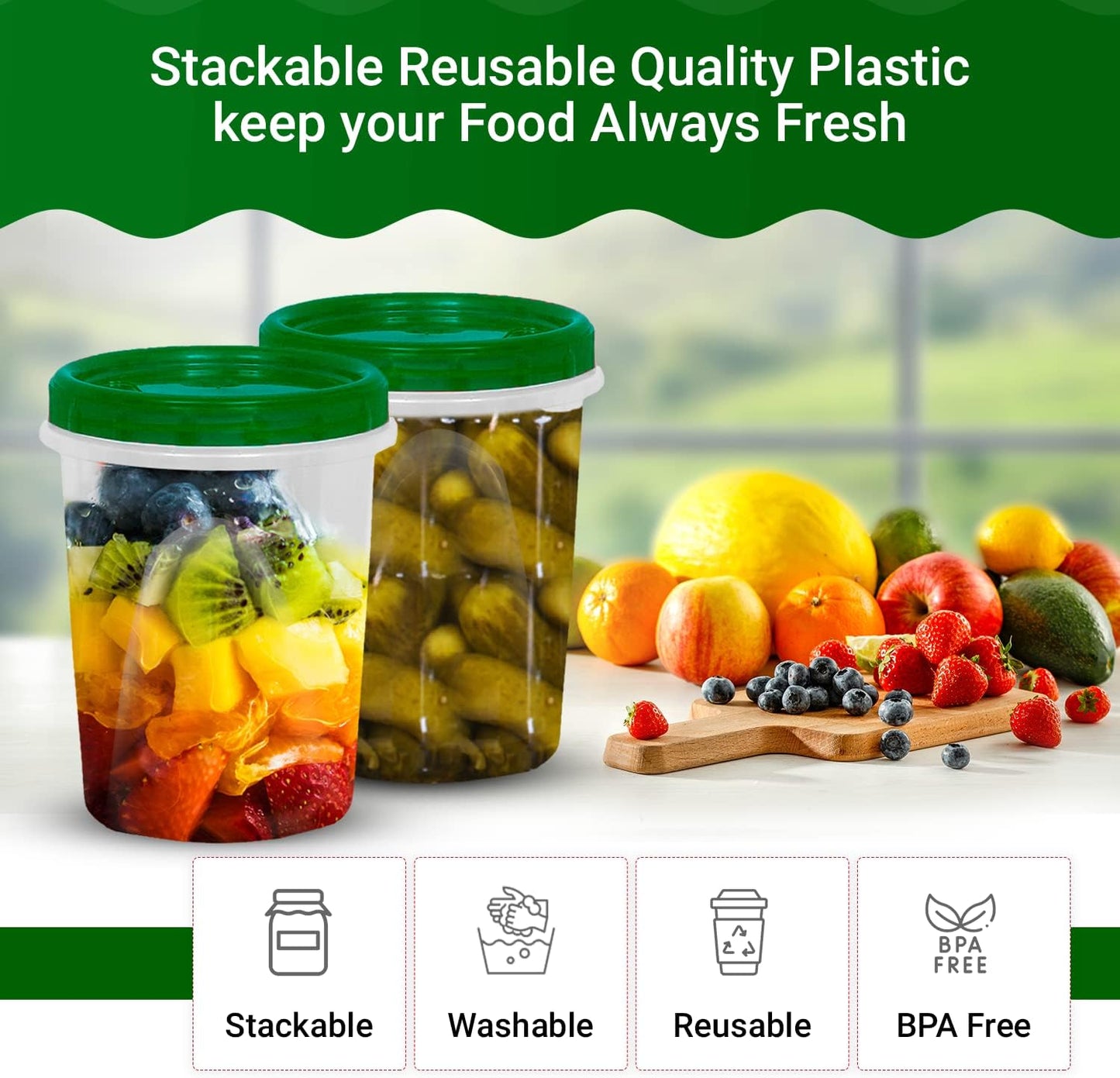 [Green - 12 Pk] Airtight Deli Containers with Lids Twist Lock Top Clear Food Storage for Meal Prep Snacks and Leftovers Freezer and Microwave Safe Stackable Leak-Resistant and 12 Pc. Set (32 Ounce)