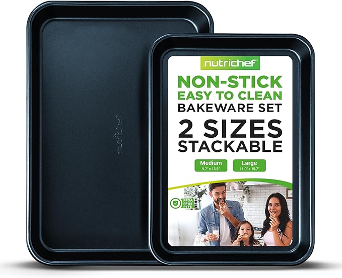 NutriChef Non-Stick Cookie Sheet Baking Pans, 2-Piece Oven Baking Trays w/ Superior Nonstick Coating - 15" x 11" & 13" x 9" Sizes for Convenient Roasting & Baking - Dishwasher Safe