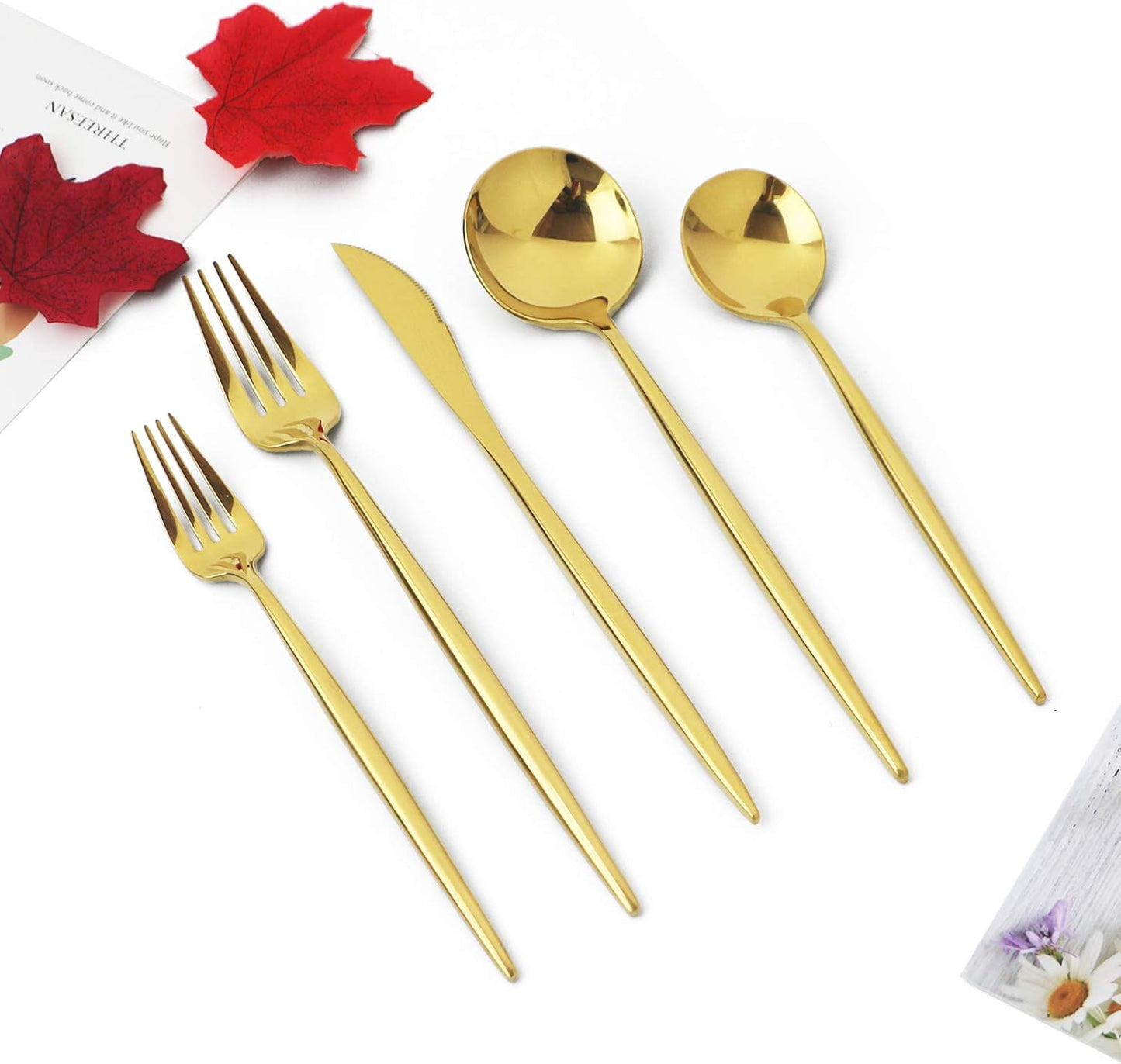 JASHII 20 Pieces Flatware Set, 18/10 Stainless Steel Utensils, Service for 4, Heavy Duty Silverware Gift, Dishwasher Safe, Mirror Polished Dinner Knife, Fork, Spoon for Restaurant (Gold)