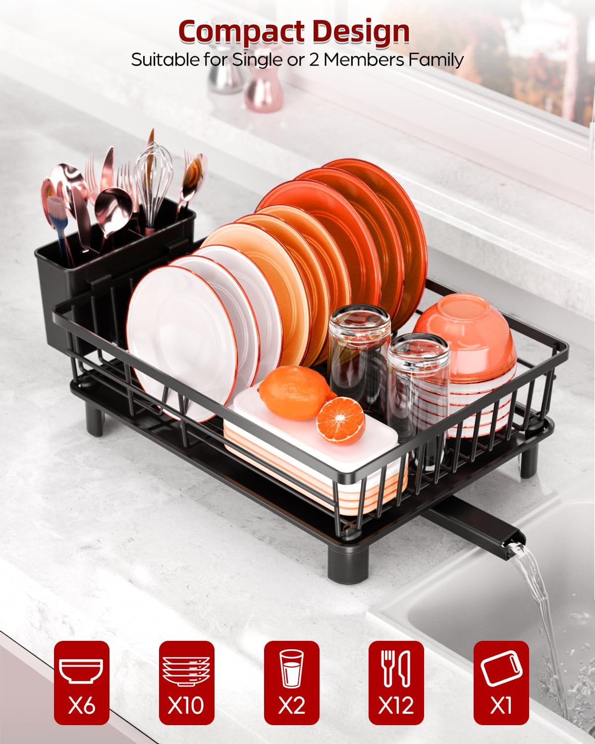 Dish Drying Rack with Cutlery Holder, Black, Kitchen Counter Organizer, Drainboard for Plates, Bowls, Utensils Rustproof Drying Rack Kitchen with Utensil Holder and Increased Feet, Black