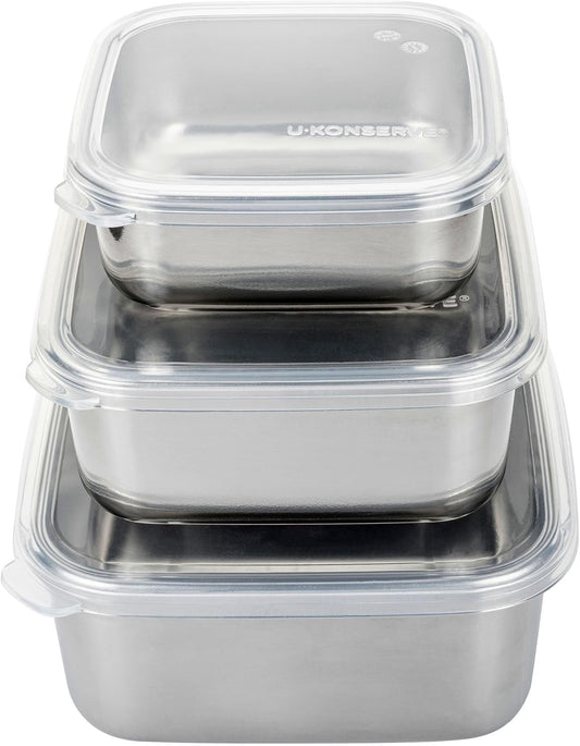 U Konserve Stainless Steel Nested Trio Food Storage Container Bento Box, Set of 3 (15, 30, & 50 oz), Leak Resistant, Silicone Lid, Dishwasher Safe, Plastic Free