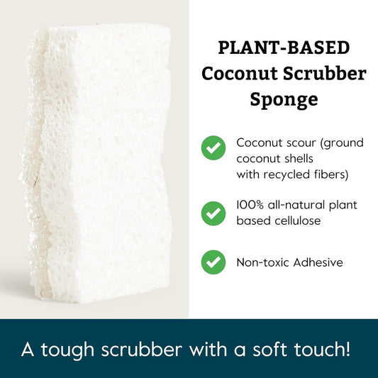 Grove Co. Sponges, Natural Coconut Scrubber Kitchen Sponge, Dual-Sided, Non-Scratch, Super Absorbent Plant-Based Cellulose with Coconut Husk Scourer, Household Cleaning Essentials, 6 Pack