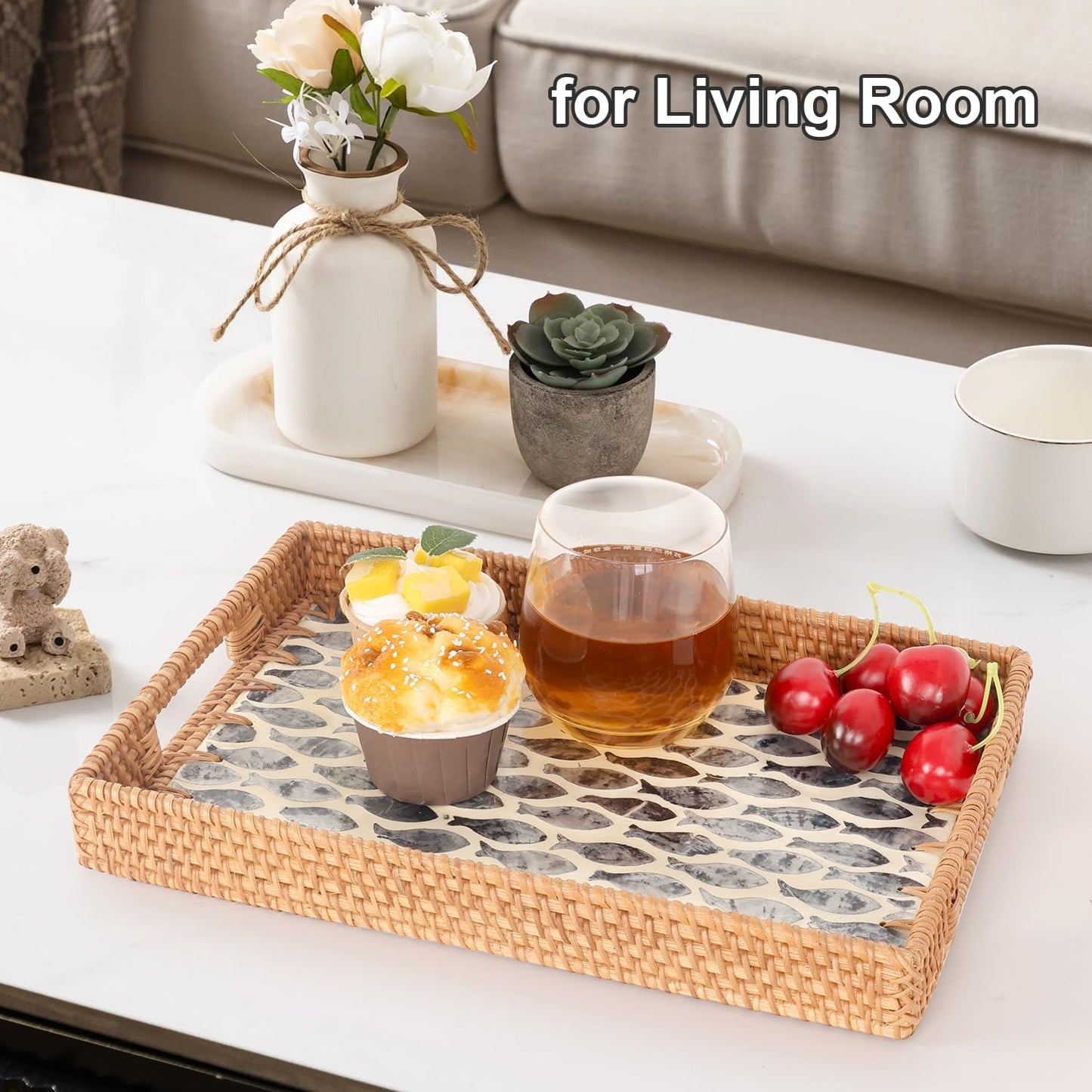 Rectangle Rattan Tray with Mother of Pearl Inlay, Rattan Serving Tray with Handle for Coffee, Bread, Fruits, Snacks, Decorative Wicker Tray for Table Decor (Rectangle Dark Blue Fish, 13"×9")