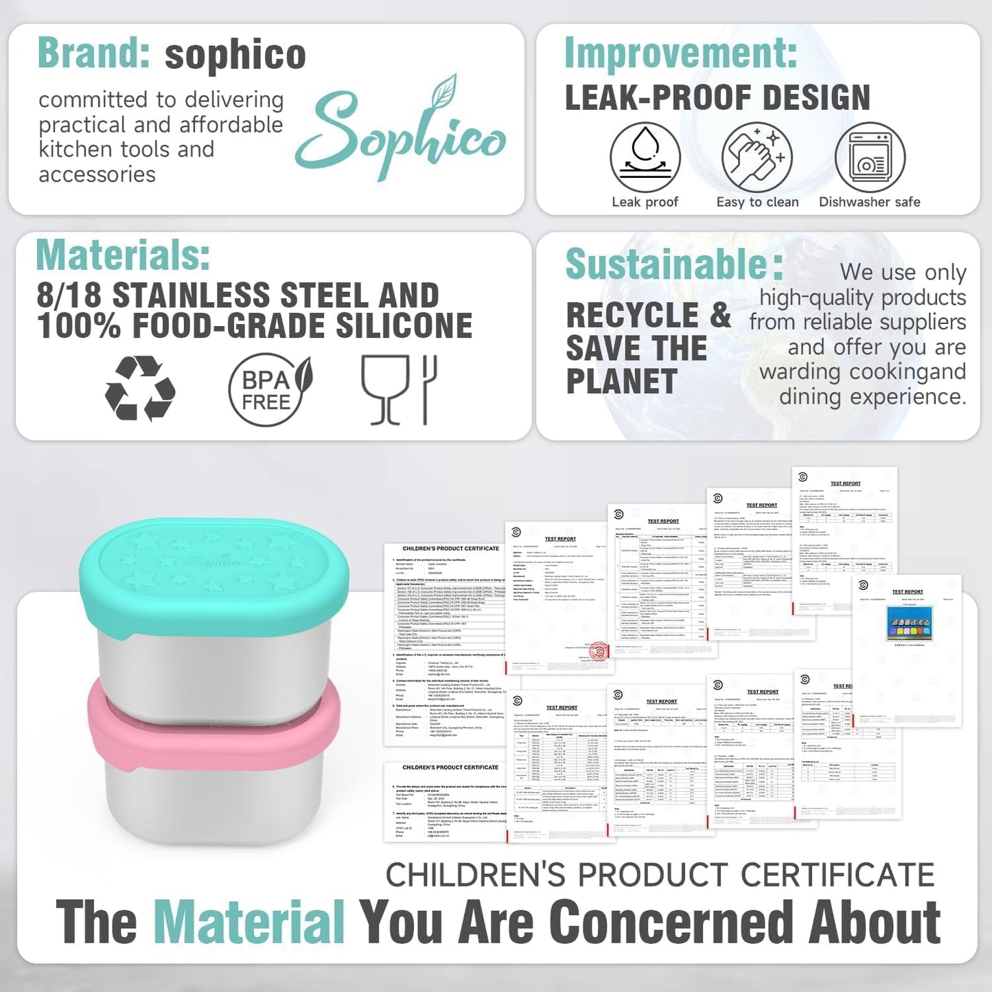 SOPHICO Stainless Steel Snack Containers for Kids, 3 oz Small Food Storage Container with Silicone Lid - Perfect 304 Metal Toddler Lunch Box for Daycare and School, Leak Proof (3oz, 6 PACK)