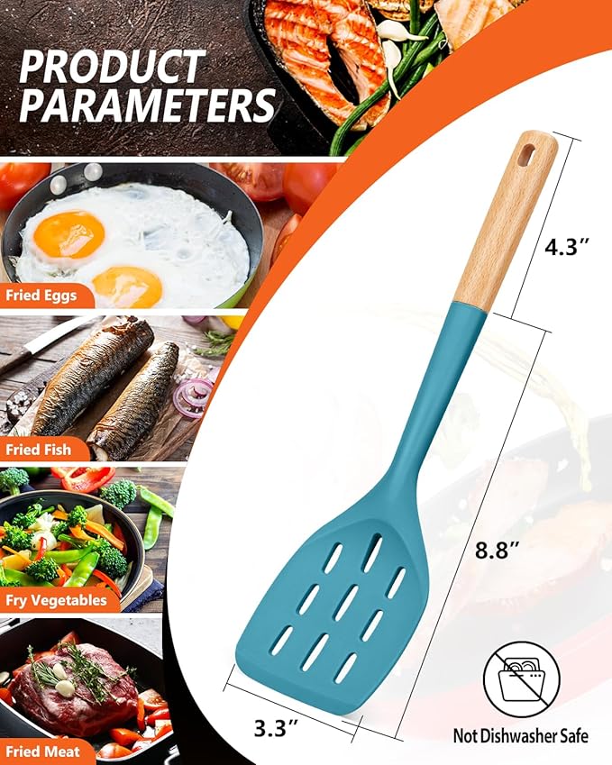 Pack of 2 Silicone Spatula, Non Stick Cooking Utensil Set Wooden Handle Kitchen Turner for Baking Mixing Grilling Serving Food Heat Resistant Non Scratch Hooks Included (Blue)