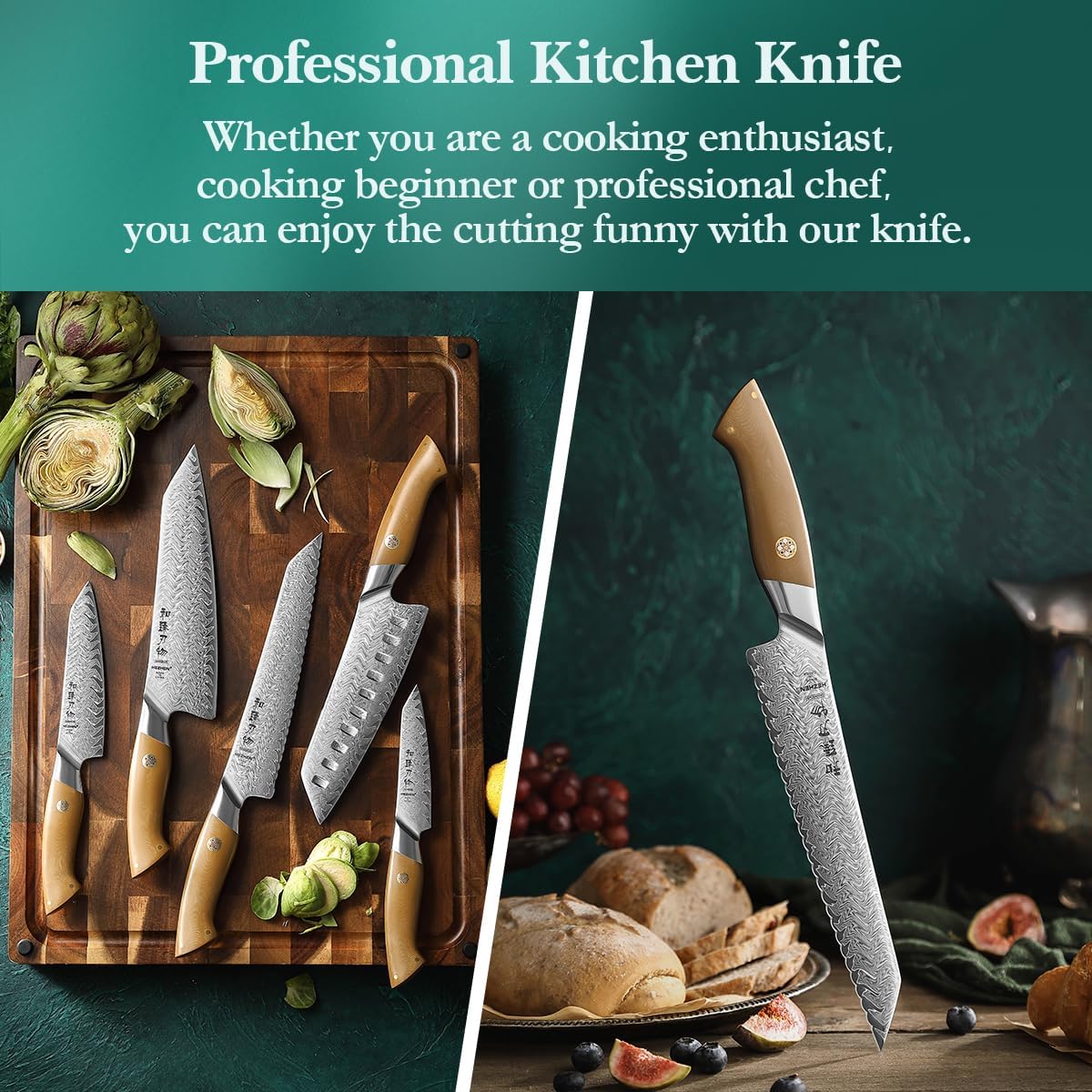 HEZHEN Chef Knife Set, 5 Pieces, 67 Layers Damascus Steel Kitchen Knife Set, ltra-sharp Blade, Professional Knife Sets for Chefs and Home Cooking, Linen Micarta Handle, Gift Packing