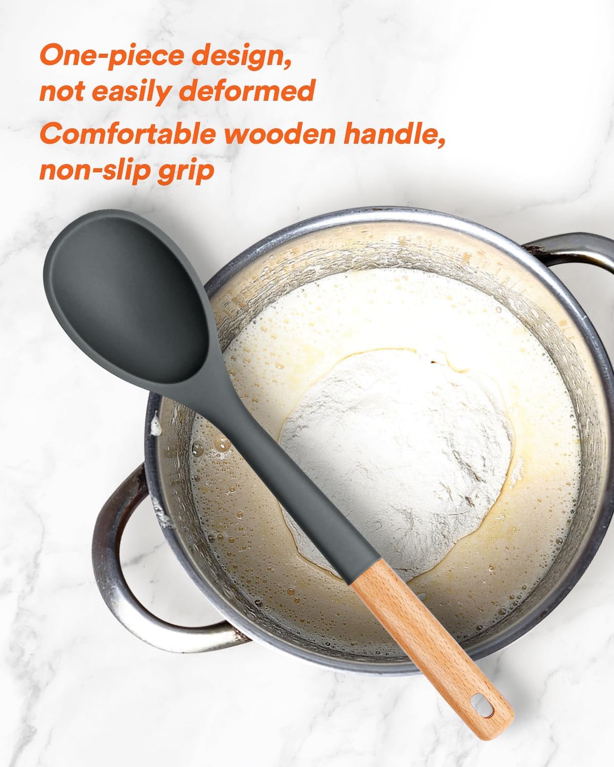 Large Silicone Cooking Spoons, Nonstick Solid Wooden Handle Spoon, Heat Resistan Silicone Kitchen Spoons for Cooking, Serving, Basting, Mixing, 13.2inch (Grey)