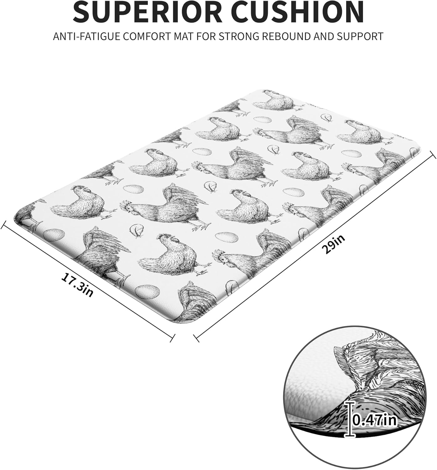 Farmhouse Kitchen Mat Rooster Rugs for Kitchen Floor Anti Fatigue Mat for Standing Desk Office Kitchen Floor Mats Non Slip Waterproof 17.3 x 29 x 0.47 inch