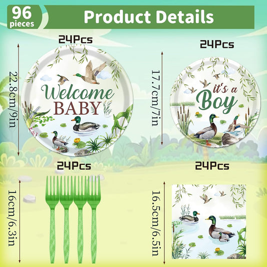 Rakuto Mallard Duck Baby Shower Decorations, 96PCS Duck Hunting Paper Plates and Napkins Tableware Party Decoration Goose Forks Decor Supplies, Serve 24