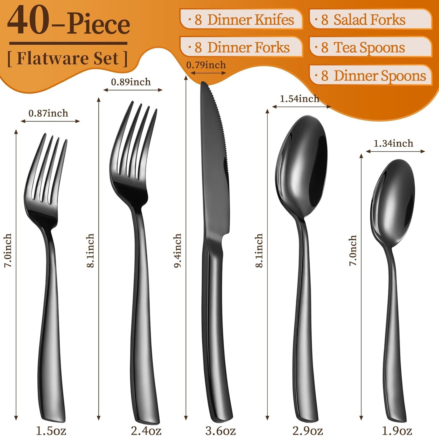 40-Piece Black Silverware Set, Heavy Duty Stainless Steel Flatware Cutlery Set Service for 8, Food-Grade Utensil Sets for Home Restaurant, Dishwasher Safe (Black, 40)