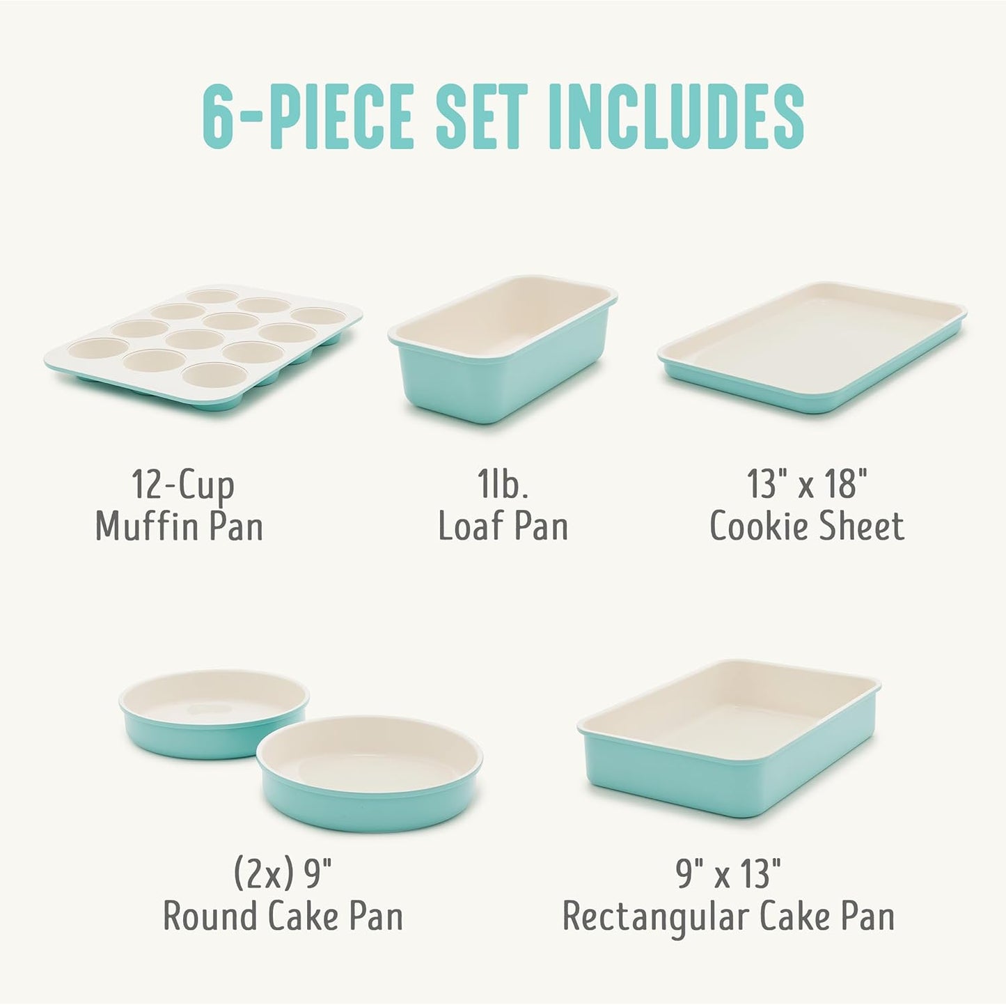 GreenLife 6 Piece Nonstick Bakeware Set, Non-Toxic PFAS-Free Ceramic Oven Pans, Dishwasher & Oven Safe to 450°F, Easy Release Baking Sheet, Loaf Pan, Rectangle & Round Cake, Muffin Pan, Turquoise