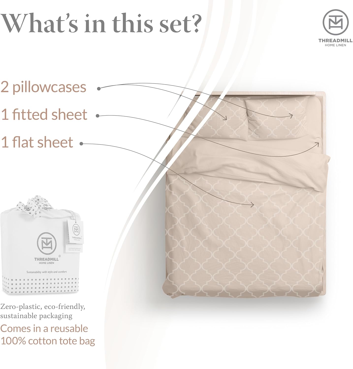 300 Thread Count Jacquard Tradition Light Beige Queen Sheets - 100% Cotton Breathable Silky Soft Damask Sheets - 3 Pc Bed Sheet Set Elasticized Deep Pockets - Wrinkle Free Bedding Sheets by Threadmill