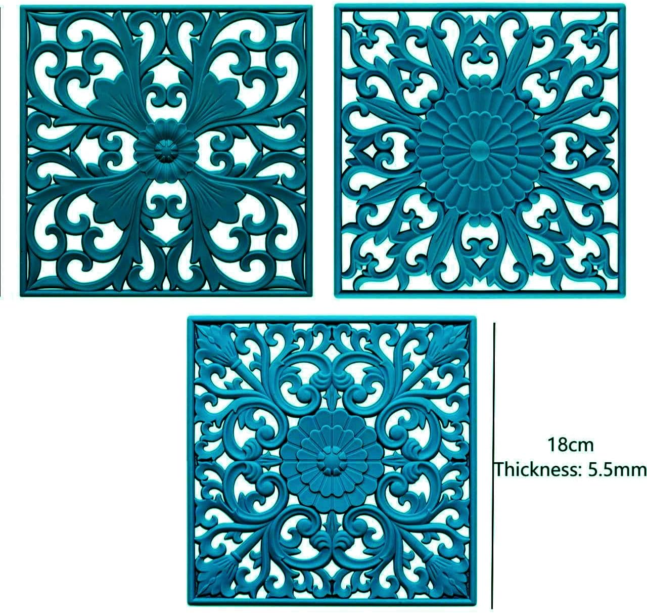 Silicone Trivets for Hot Dishes-Pots&Pans, Square Multi-Use Carved Trivet, Insulated Silicone Mats, Flexible Trivet Mat for Countertop & Tabletop, Pot Holders Hot Pads Set 3 Teal