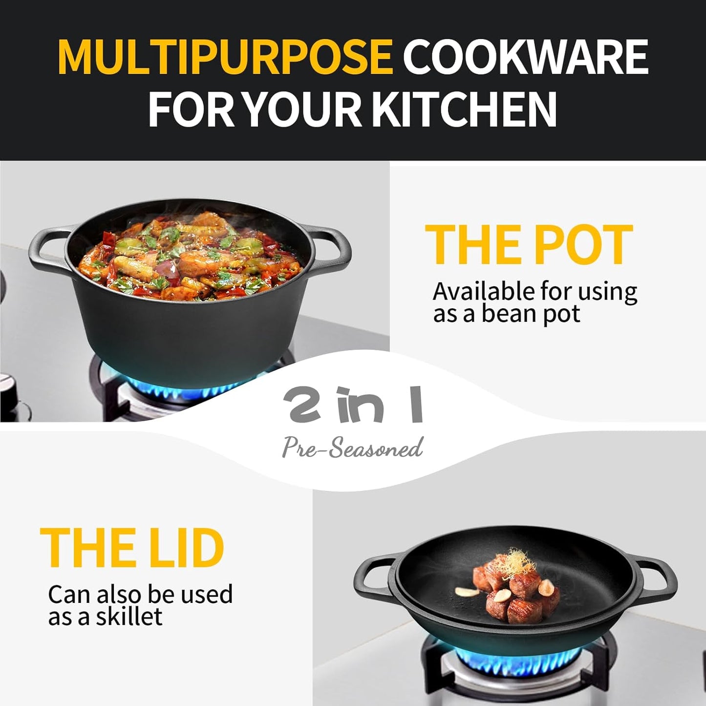 2-in-1 Pre-Seasoned Cast Iron Dutch Oven Pot with Skillet Lid Cooking Pan, Cast Iron Skillet Cookware Pan Set with Dual Handles Indoor Outdoor for Bread, Frying, Baking, Camping, 7QT