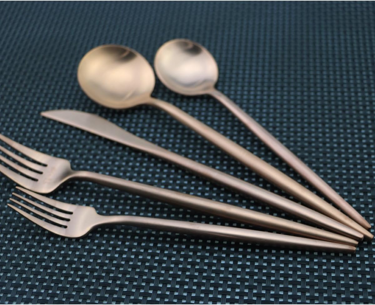 Flatware Set for 2, Luxury 10 Pieces Rose Gold Plated Copper Color 18/10 Stainless Steel Silverware Flatware Sets Spoons Knives and Forks Set, Service for 2