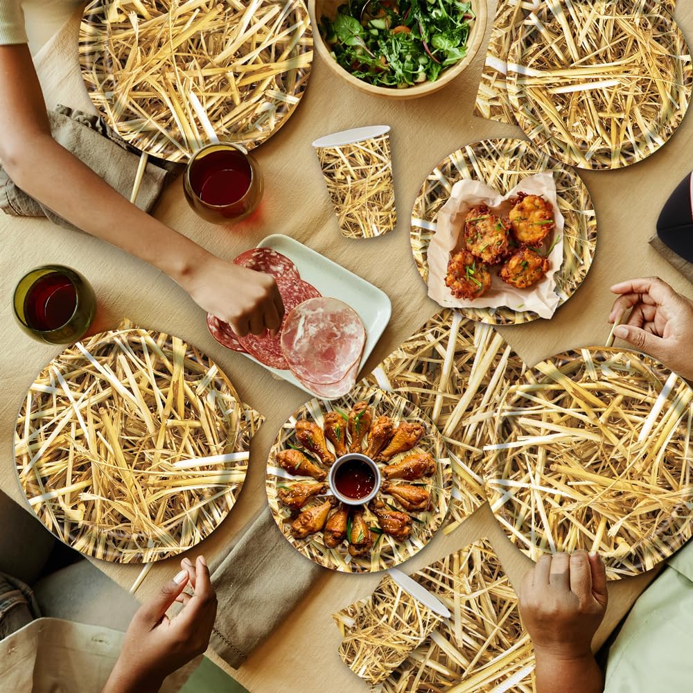 140 Pcs Straw Party Decorations Western Party Decorations Disposable Tableware Set Plates Napkins Cups Serves 20