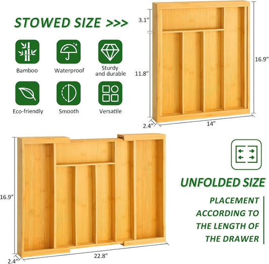 Silverware Drawer Organizer, Expandable Bamboo with Adjustable Utensil Cutlery Holder, Kitchen Flatware Organizer