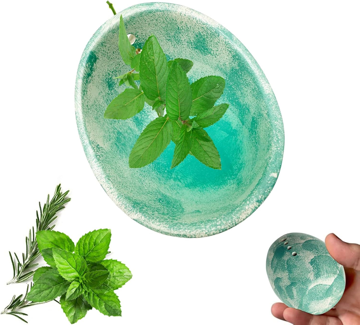 Herb Stripper Bowl, Handmade Ceramic Herb Peeling Bowl, Multiple Hole Sizes for Easy Leaf and Stem Separation, Durable and Dishwasher Safe Herb Stripping Tool for Kitchen Cooking-Green