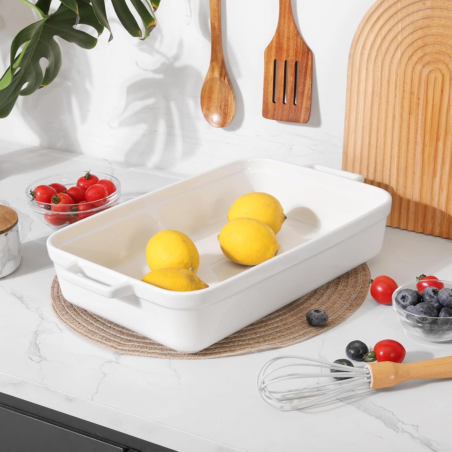 Casserole Dish,Large Baking Dish Cookware,Deep Lasagna Pan for Oven,Ceramic Bakeware for Baking, Easy to Clean (White, 5.5 Quart,No Lid)