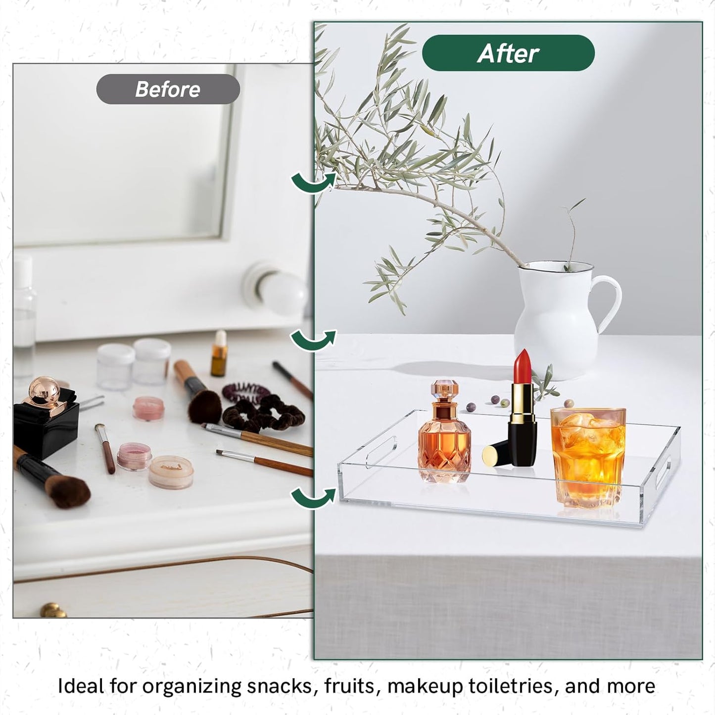 MYFULLY Clear Acrylic Serving Tray 10”x15”, Spill-Proof Decorative Serving Trays with Handles for Coffee Table, Bathroom, Kitchen, and Countertop Storage