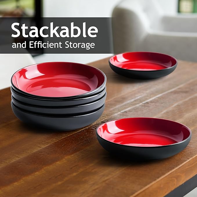 MIAMIO – 30 Oz / 8.6 Inch Set of 6 Pasta Bowls/Salad Bowls, Pasta Plates Wide and Shallow Bowl, Large Ceramic Stoneware Deep Plate Serving Soup - Le Papillon Collection (Red)