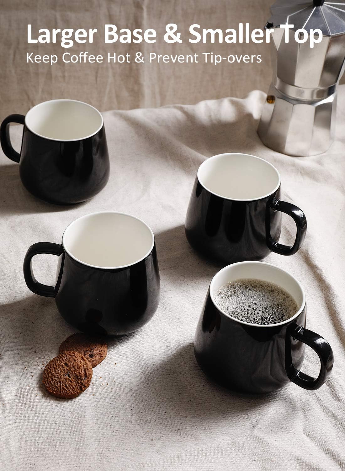 Teocera Ceramic Coffee Mug Set of 4-12 oz Coffee Mugs with Large Handles for Hot or Cold Drinks Like Latte, Cocoa, Tea or Juice - Smooth Ceramic, Dishwasher Safe，Black