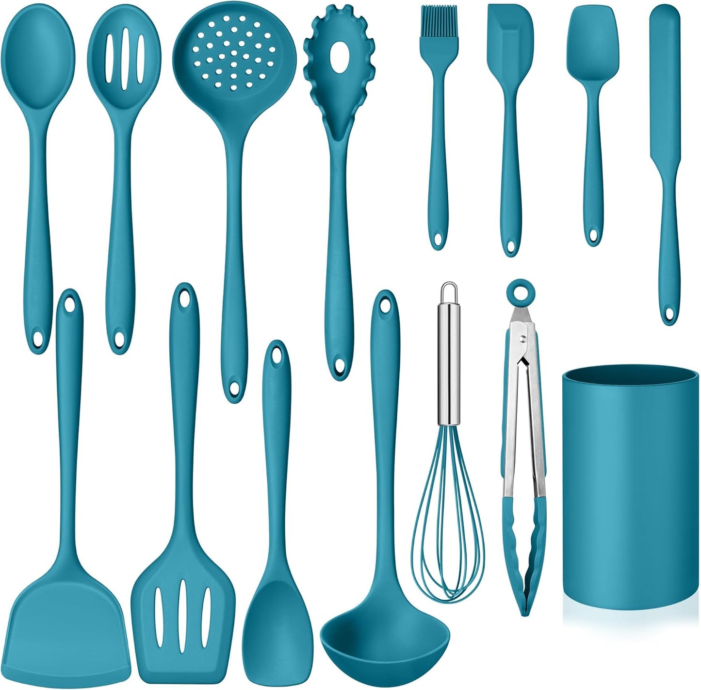 Homikit Silicone Cooking Utensils Set, 15-Piece Nonstick and Heat Resistant Kitchen Utensil Spatula Set with Holder, Kitchen Gadgets Home Essentials & Pots and Pans Accessories, Blue