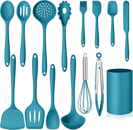 Homikit Silicone Cooking Utensils Set, 15-Piece Nonstick and Heat Resistant Kitchen Utensil Spatula Set with Holder, Kitchen Gadgets Home Essentials & Pots and Pans Accessories, Blue