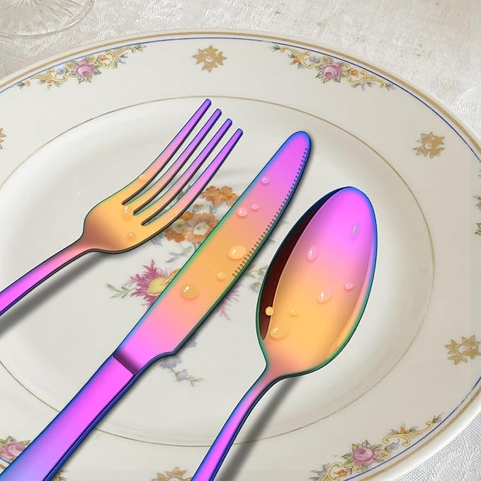 20 Piece Rainbow Silverware Set, ENLOY Colorful Stainless Steel Flatware Cutlery Set, Kitchen Utensil Set Service for 4, Include Forks Spoons Knives, Reusable, Mirror Polished, Dishwasher Safe