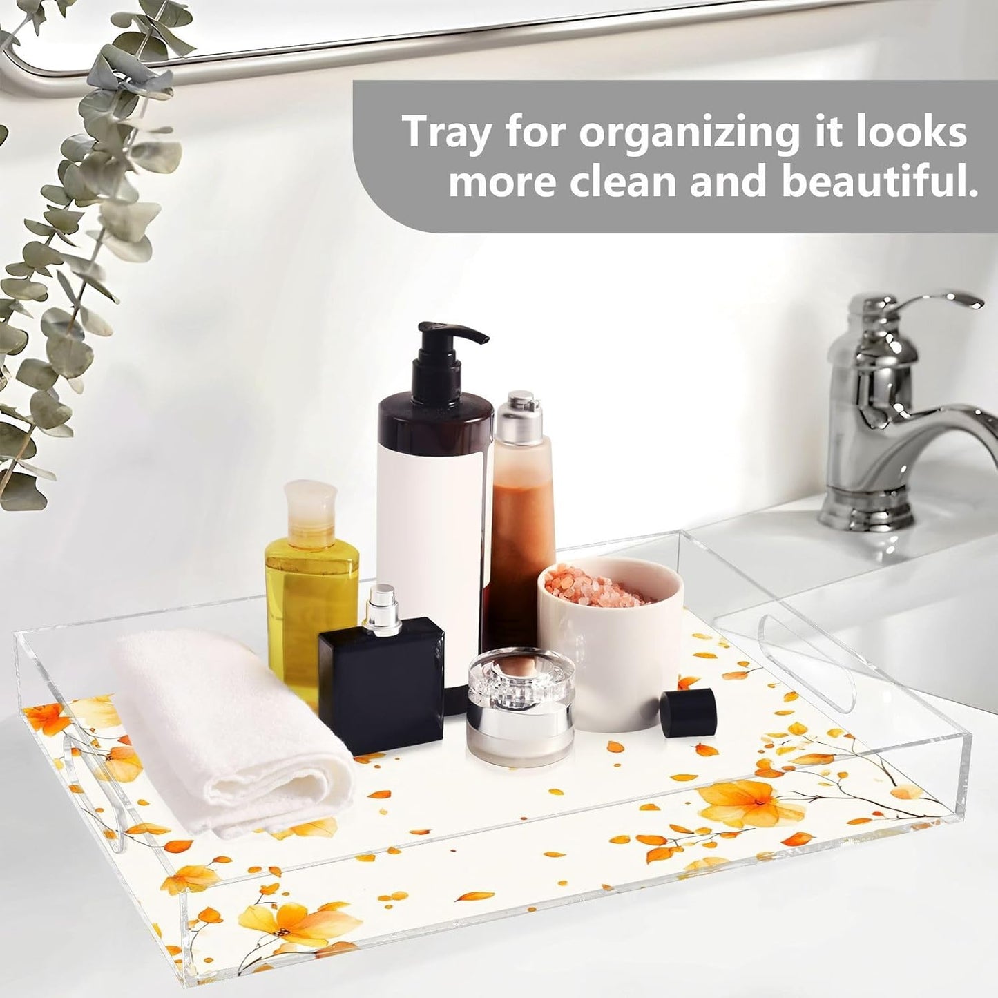 Acrylic Serving Tray with Handles Spill Proof Kitchen Storage Tray Clear Decorative Tray Makeup Drawer Organizer Storage Tray for Bathroom Living Room Ottoman 15.7x11.8Inches
