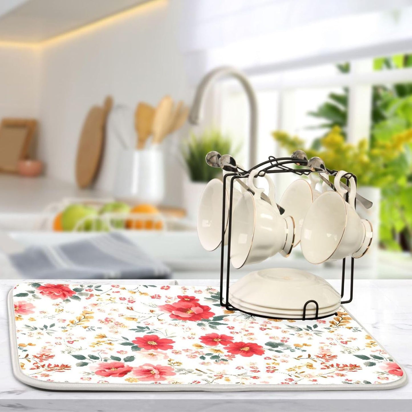 Spring Floral Colorful Flowers Dish Drying Mat for Kitchen Counter Absorbent Dish Drainer Mats Drying Pads 16"x18"