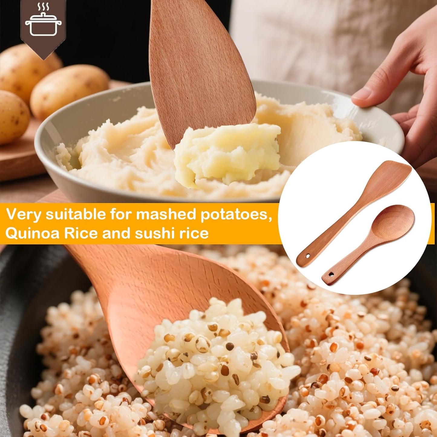 Wooden Rice Paddle, 12.8" Wooden Spoons for Cooking, Nonstick Rice Spatula for Sushi Rice Potato Stirring, Flipping, Serving, Scraping