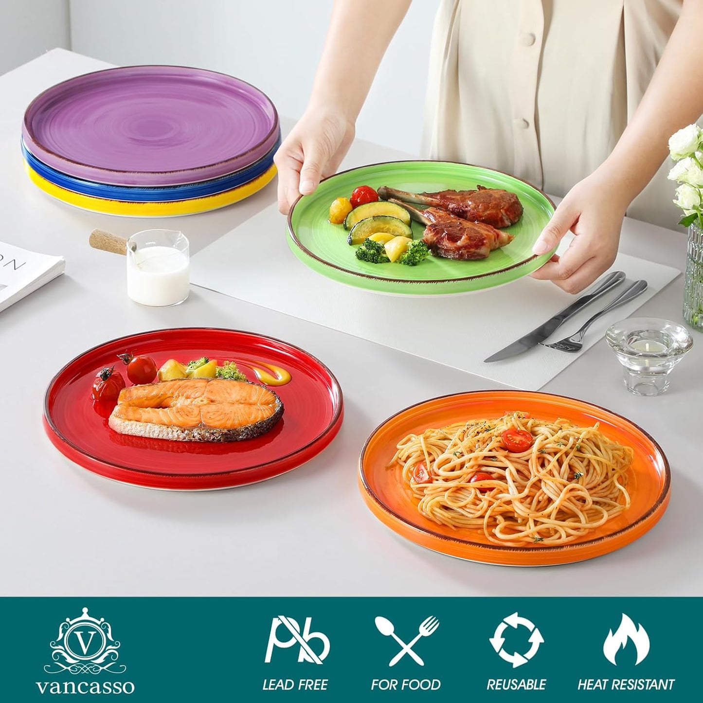 vancasso Bonita 10.5 Inch Dinner Plates, Ceramic Dinner Plate Set, Dinner Plates Set of 6, Large Dinnerware Plates for Kitchen, Microwave, Oven and Dishwasher Safe, Multicolor