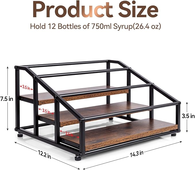 Coffee Syrup Organizer Rack, Liquor Bottle Display Shelf, 3 Tier 12 Syrup Bottles Holder Stand for Coffee Bar Kitchen Small Wine Rack for Family Storage for Syrup Wine Dressing