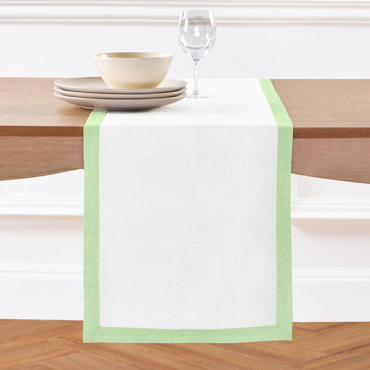 Solino Home Linen Table Runner 36 Inches - 100% Pure Linen Pastel Green and White Short Table Runner 14 x 36 Inch Ideal for Dresser and Coffee Tables - Fall, Autumn, Thanksgiving, Christmas - Classic