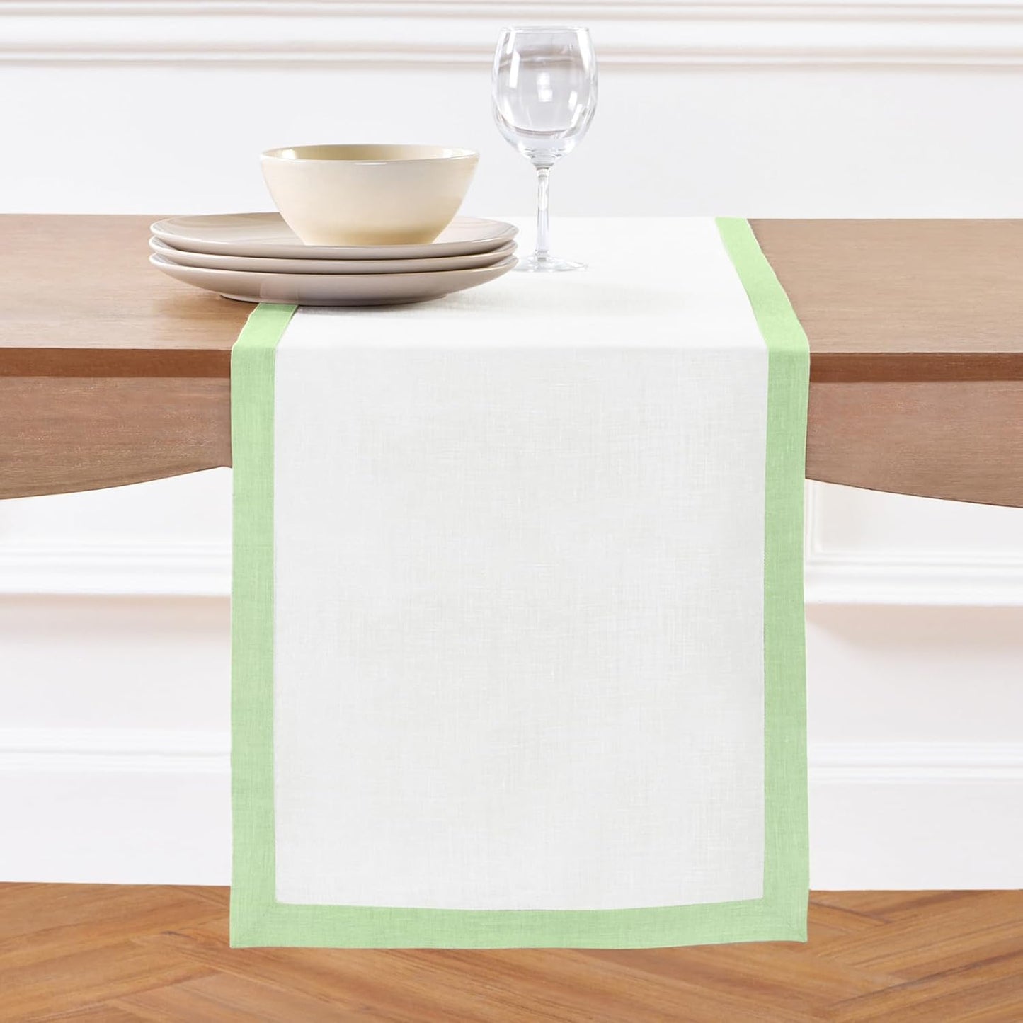 Solino Home Linen Table Runner 108 Inches Long - Pastel Green and White 100% Pure Linen 14 x 108 Inch Table Runner for Dining, Fall, Autumn, Thanksgiving, Christmas - Classic