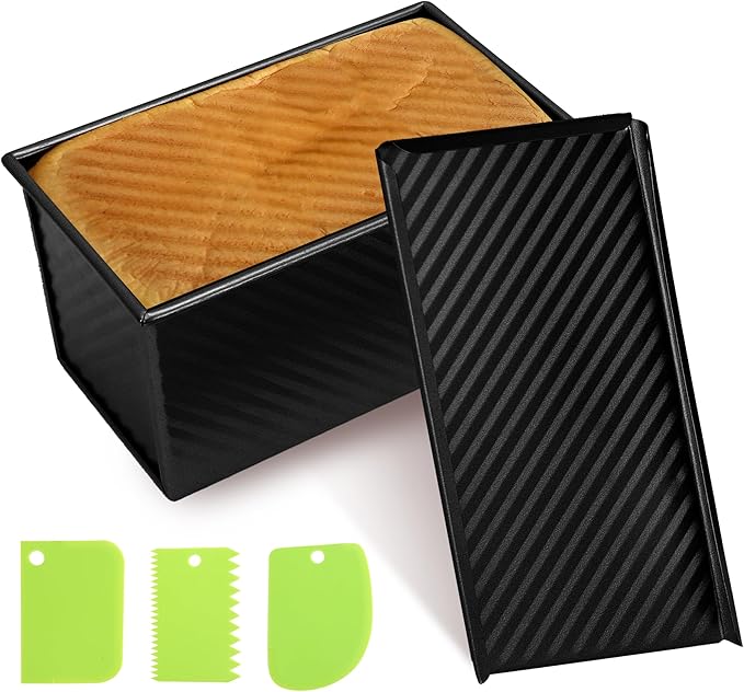 1lb Bread Pan with Dough Scraper Cutter, 8.4 X4.8inch Black Bread Loaf Pan, Rectangular Covered Metal Pullman Loaf Pan with Lid for Homemade Sandwich Bread