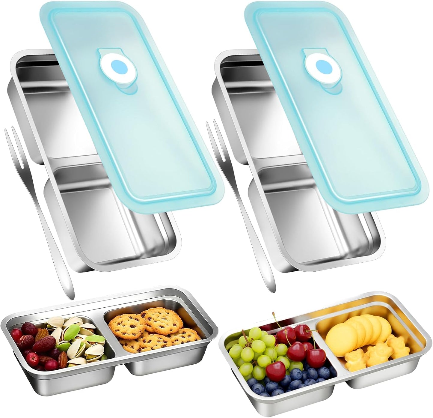 Stainless Steel Snack Containers with Lids, Reusable 2 Compartment Stainless Steel Bento Lunch Box, Food Storage, 2 Pack with Forks, Leak Proof, Dishwasher-Safe, Grab and Go for Work, Travel