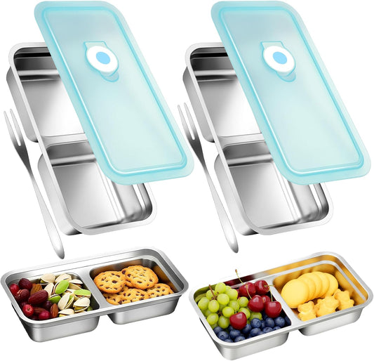 Stainless Steel Snack Containers with Lids, Reusable 2 Compartment Stainless Steel Bento Lunch Box, Food Storage, 2 Pack with Forks, Leak Proof, Dishwasher-Safe, Grab and Go for Work, Travel