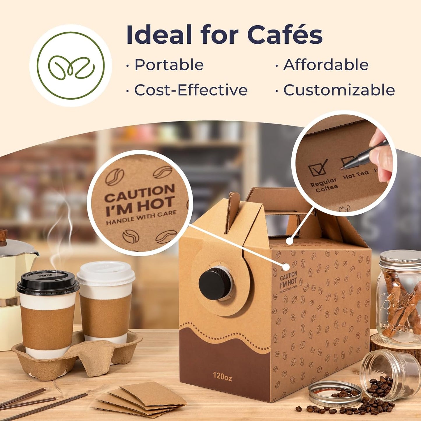 Fit Meal Prep 5 Pack 120 oz Disposable Coffee Dispensers with Handle, Insulated to Go Storage Containers, Portable Coffee Box Cold Hot Drink Dispenser Bulk for Party, Catering, Office, Take Out