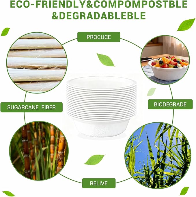 100 Pack 12oz Compostable Paper Bowls Small Disposable Soup Bowls White Natural Sugarcane Biodegradable Bowls for Ice Cream, Desserts, Salads, Pet Food