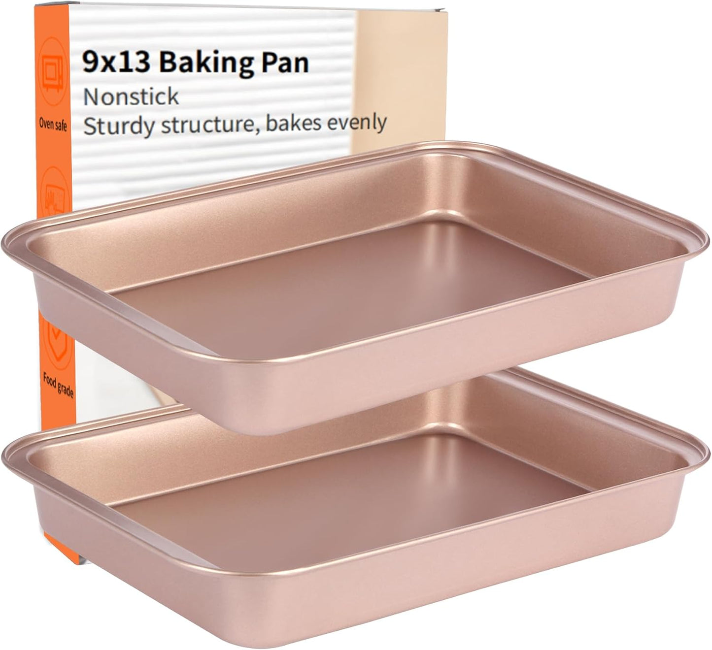 9x13 Baking Pan, Rectangle Cake Pan Nonstick, Bakeware Baking Pans for Oven, Easy Clean, Carbon Steel Cake Pan for Lasagna Brownies Casseroles Cakes Pan, Rose Gold