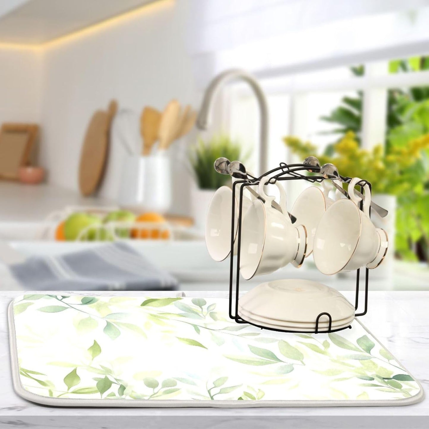 Sage Green Leaves Dish Drying Mat for Kitchen Counter Super Absorbent Dishes Pad Reversible Microfiber Protector Dish Draining Mats 16x18 inch