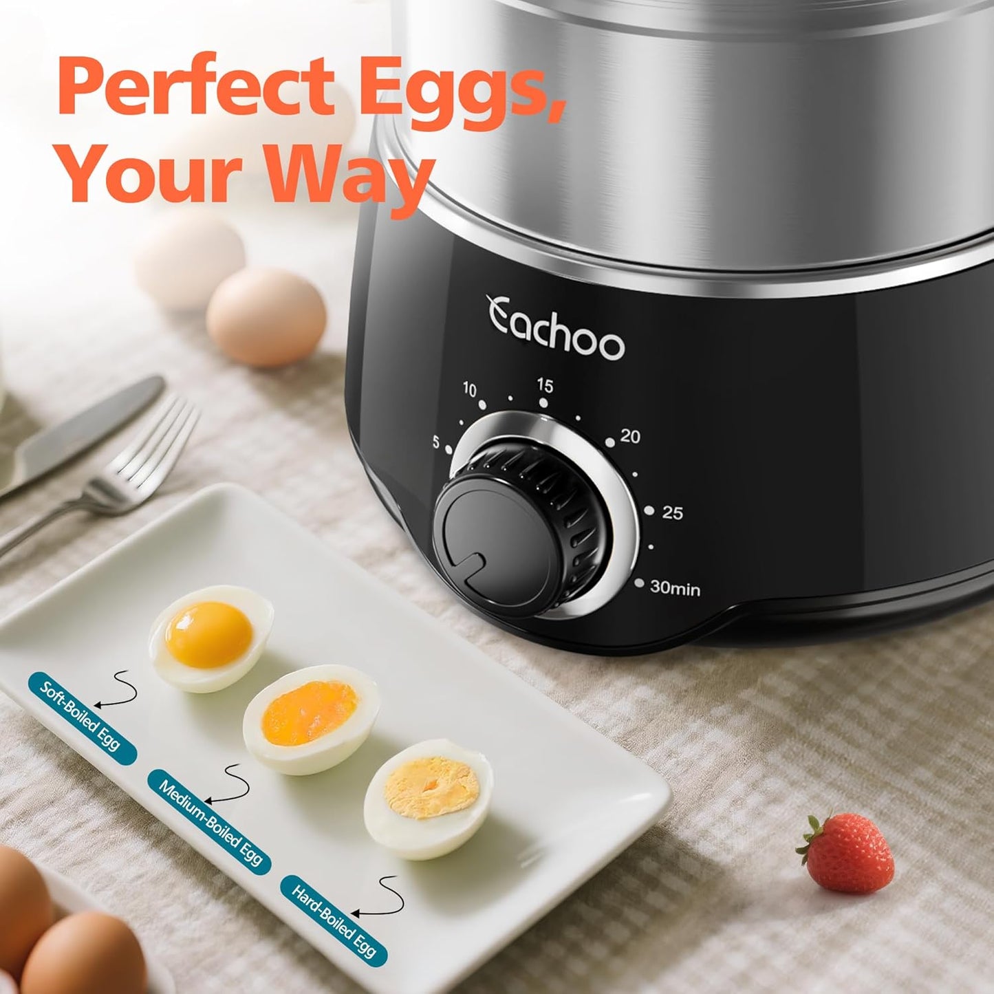 Hard Boiled Egg Cooker - CACHOO 14-Egg Rapid Stainless Steel Egg Boiler with 30-Min Timer & Auto Shut Off, Compact Electric Vegetable Steamer for Cooking, Dishwasher Safe, Black