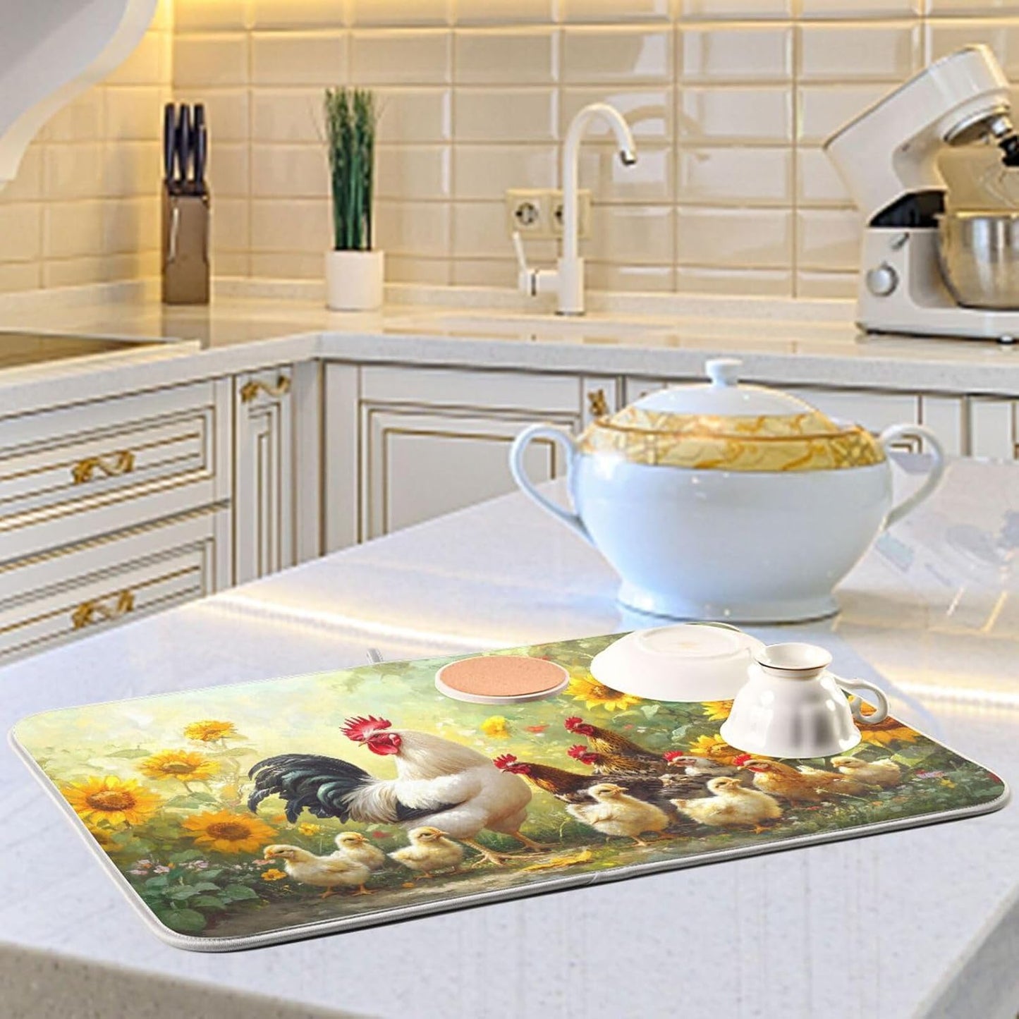 Chickens Pattern Dish Drying Mat for Kitchen Counter Super Absorbent Dishes Pad Reversible Microfiber Protector Dish Draining Mats 18x24 inch